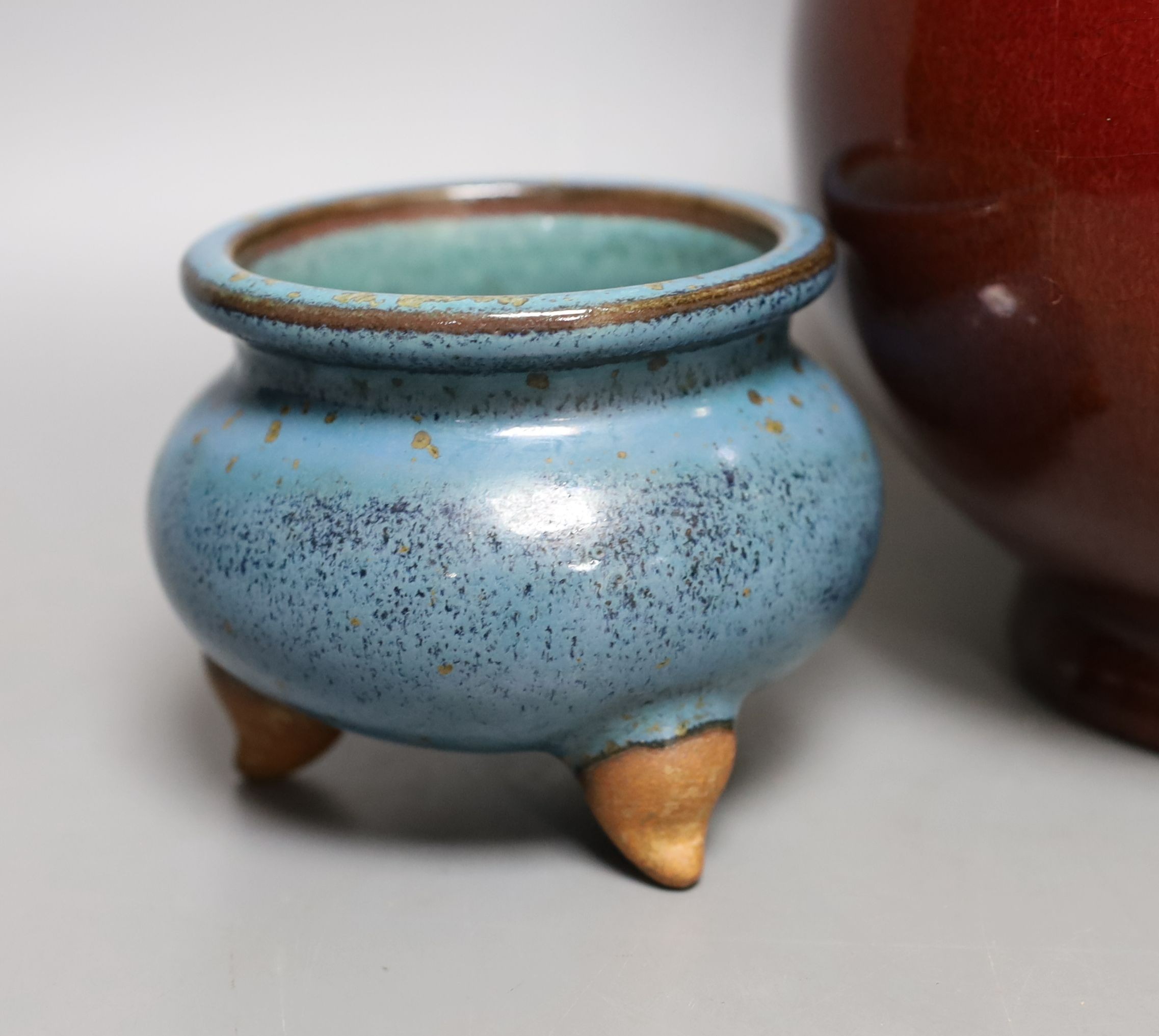 A Chinese Sang de boef vase, 30cm high, and a blue glazed censer